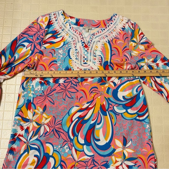 Talbots Women's Lace Trim Tunic Top Floral Bright Colorful Neon Size L - Picture 3 of 4